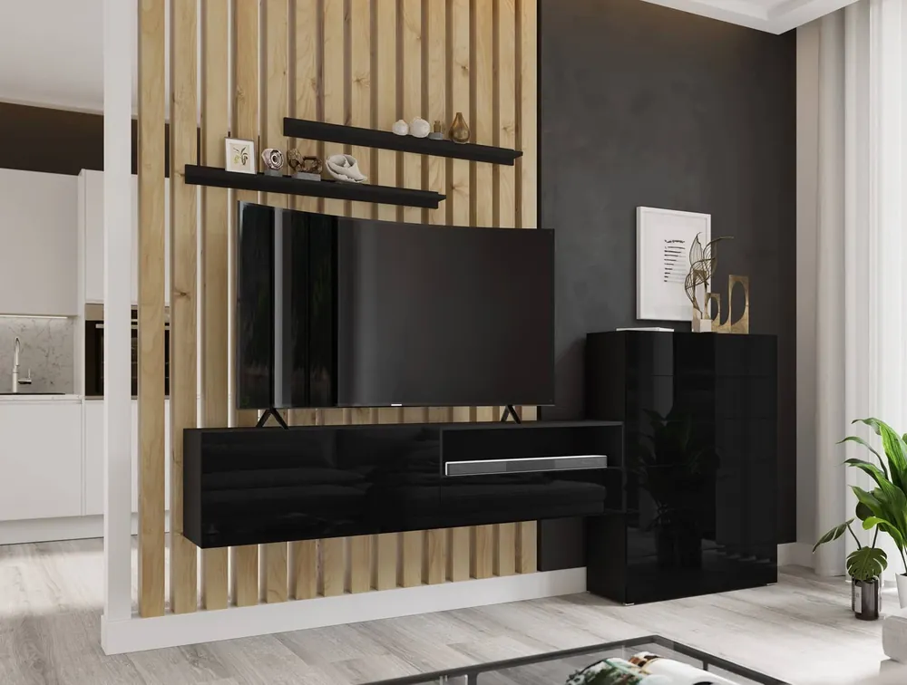 Schrankwand Almiros schwarz / schwarz glänzend modernes Design push to open Schubladensystem Schrankwand für Wohnzimmer mit Kommode Neue Ware