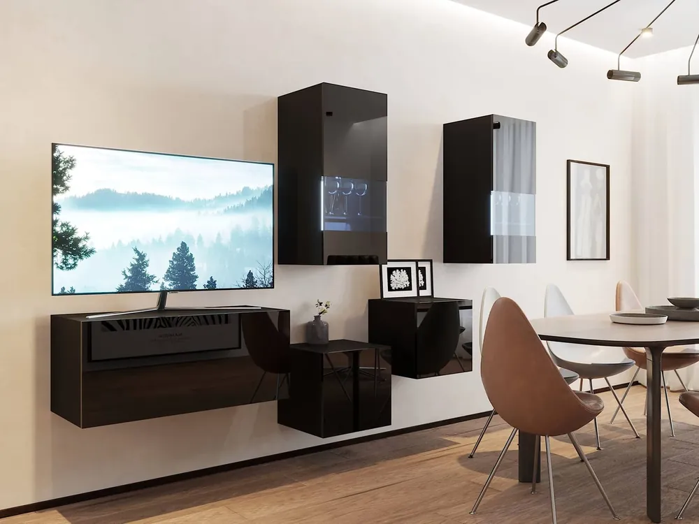 Termo schwarz / schwarz glänzend Schrankwand Modische und stilvolle Schrankwand für das Wohnzimmer mit grifflosem Push-to-open-Türöffnungssystem Neue Kollektion