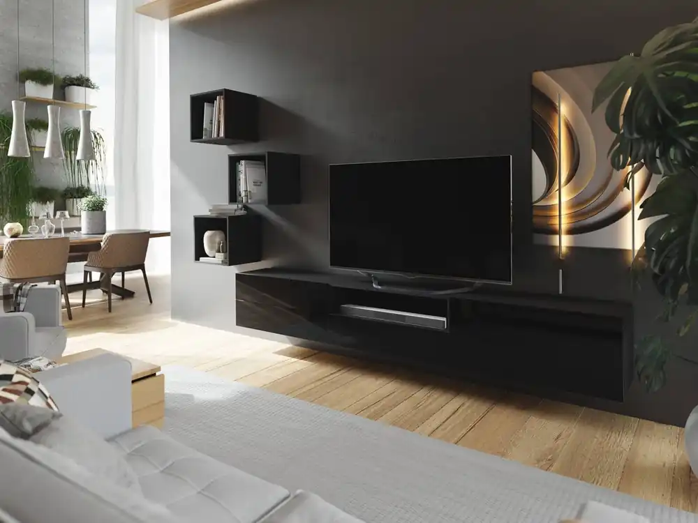 Sarti Möbel schwarz / schwarz glänzend stilvolles Design funktionelle Medienecke in einem extrem modernen Stil Echt