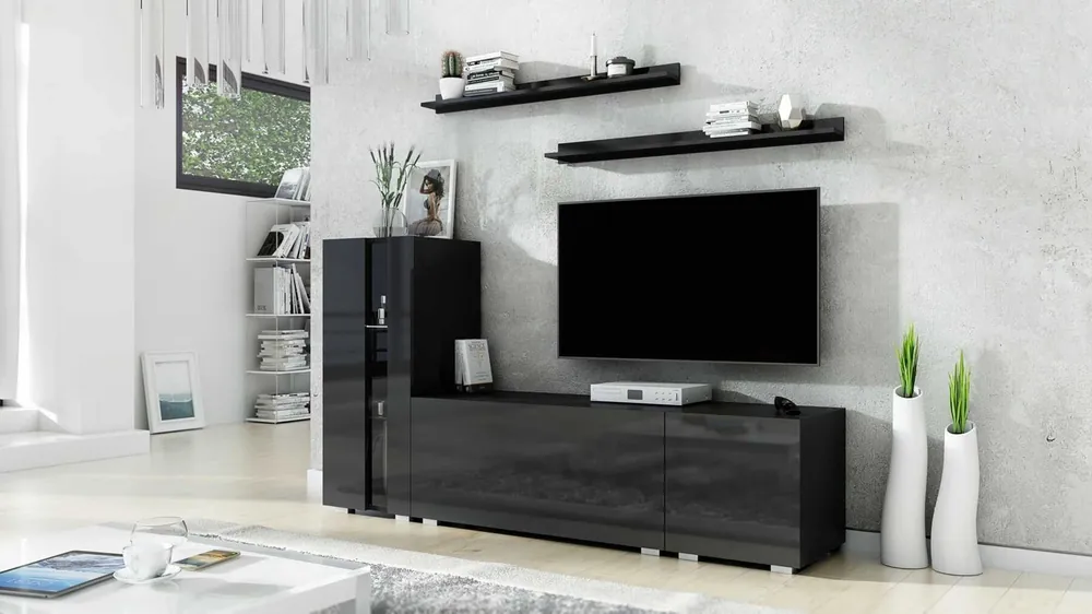 Oropos schwarz / schwarz glänzend universelle und stilvolle Schrankwand für das Wohnzimmer einfache Stücke, die in jedes Interieur passen wird Heißes Angebot