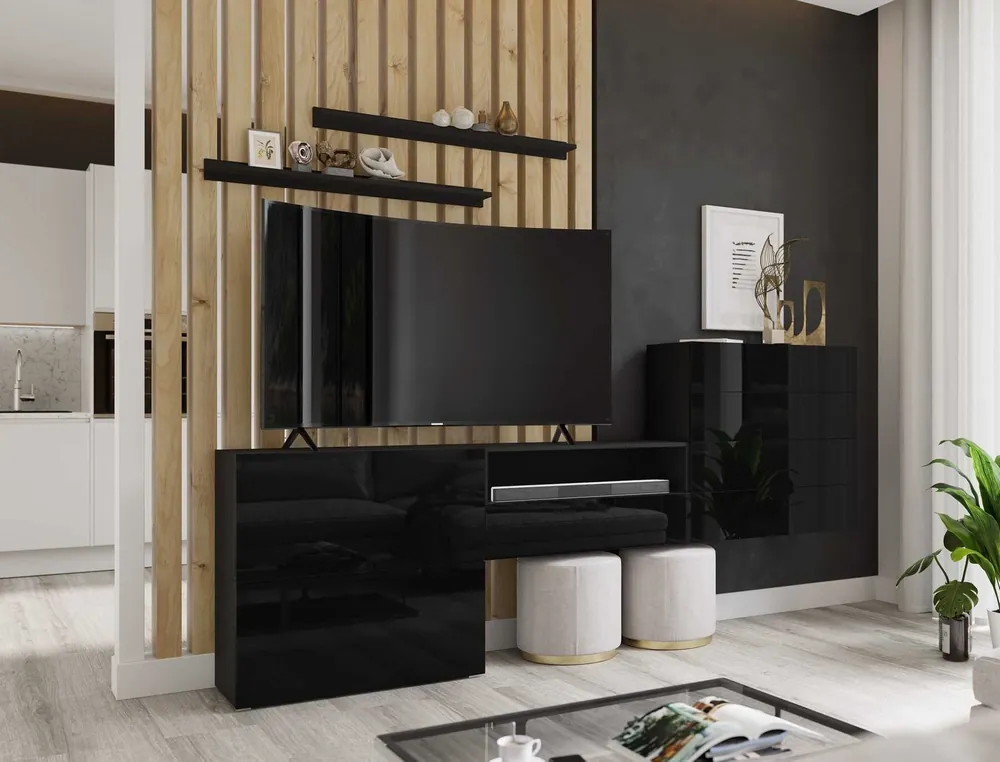 Must-Have Möbelwand Agria schwarz / schwarz glänzend außergewöhnliches Design praktische Lösung ideal für jedes Wohnzimmer optisch vergrößert den Innenraum