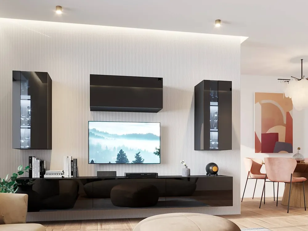Hängeschrank Tembi schwarz / schwarz glänzend moderne Design-Hängeschrank für Wohnzimmer oder Sitzungssaal push to open system Abverkauf