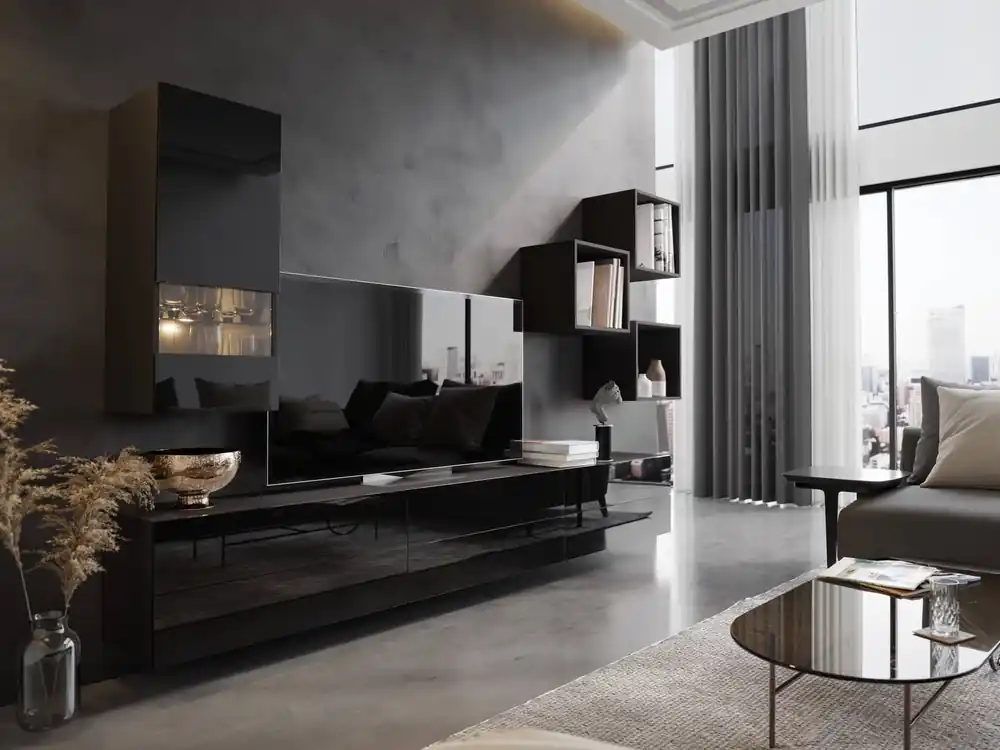 Hängeschrank Peritia schwarz / schwarz glänzend minimalistisches Design für Wohnzimmer oder Sitzungssaal push to open system Online Kaufen