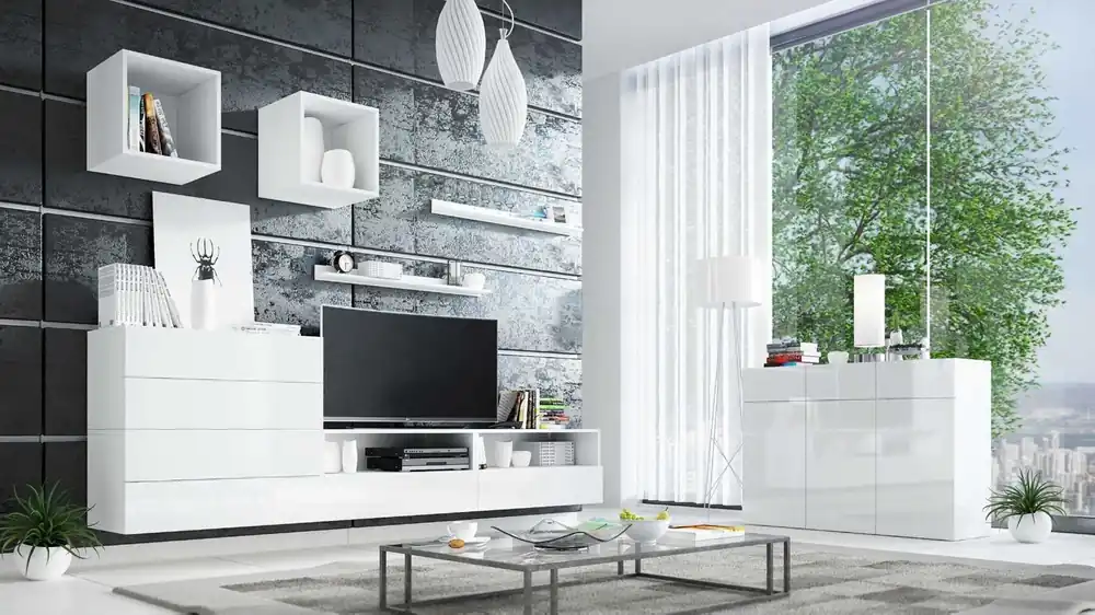 Wochenendangebot Psaru-Möbelset weiß / weiß glänzend moderne Design-Wohnwand für Wohnzimmer oder Lounge mit Hochglanzfronten