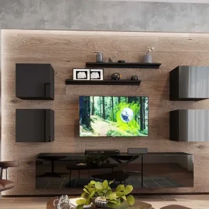 Aklion schwarz/schwarz glänzende Schrankwand äußerst stilvolle Schrankwand für das Wohnzimmer optisch attraktiv und funktionell Top-Seller