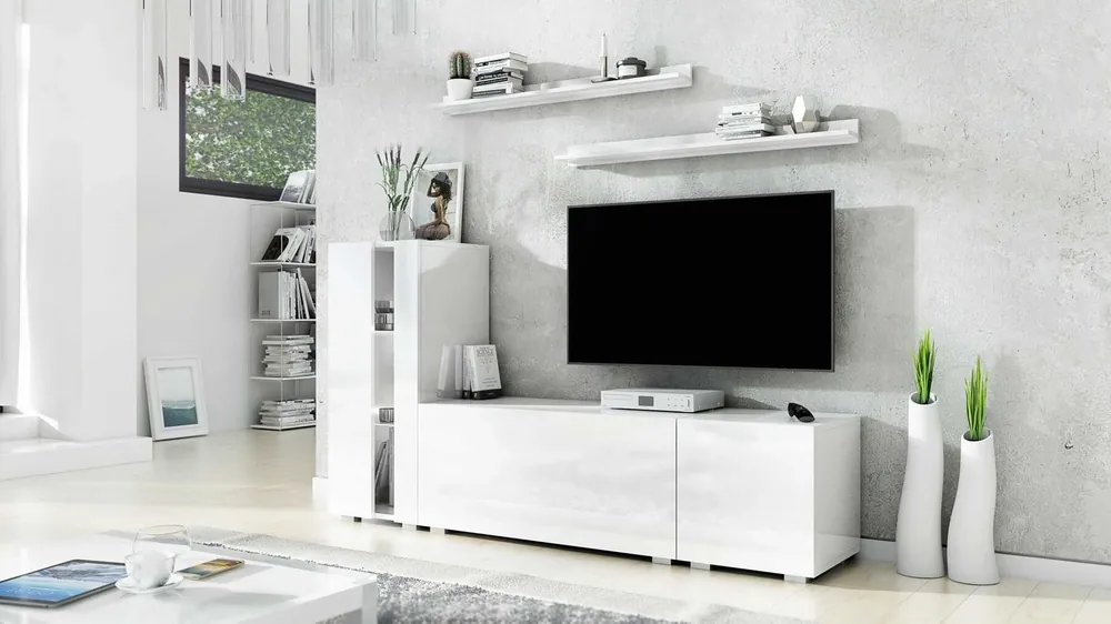 Sofort Bestellen Oropos weiß / weiß glänzend universelle und stilvolle Schrankwand für das Wohnzimmer einfache Elemente, die in jedes Interieur passen