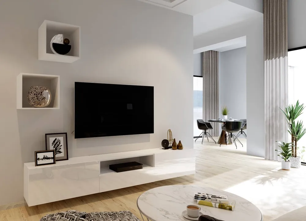Begrenztes Angebot Mistra weiß / weiß glänzend universelle und stilvolle Schrankwand für das Wohnzimmer minimalistisches Design in einer modernen Umgebung