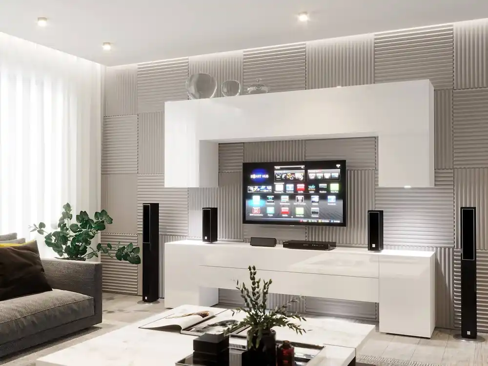 Tolo weiß / weiß glänzend unkonventionelle Schrankwand mit elegantem Charakter, ideal für ein Wohnzimmer oder einen Sitzungssaal Abverkauf