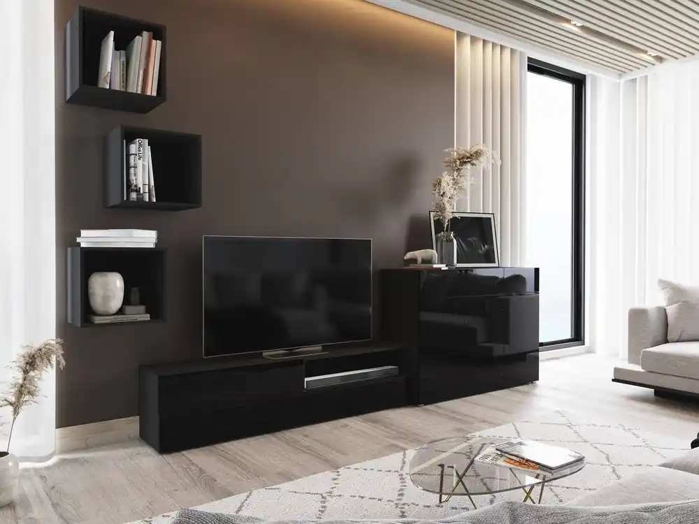 Markenprodukt Aridea schwarz / schwarz glänzend Schrankwand minimalistisches Design in einem modernen Umfeld vielseitige und funktionale Wohnzimmermöbel