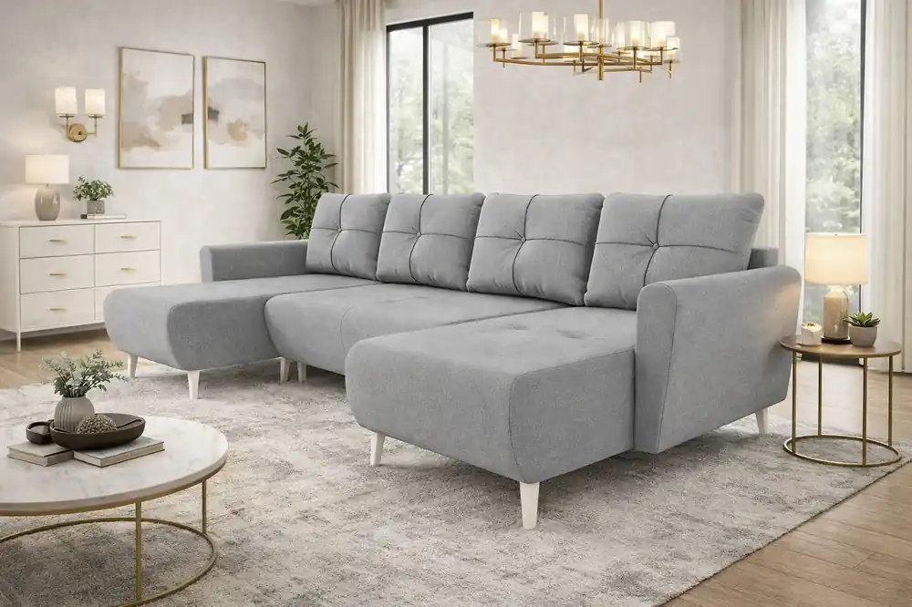 Ecksofa mit Schlaffunktion Felicie U hellgrau stilvolles und elegantes Ecksofa das sich in skandinavische Einrichtungen einfügt Rabatt