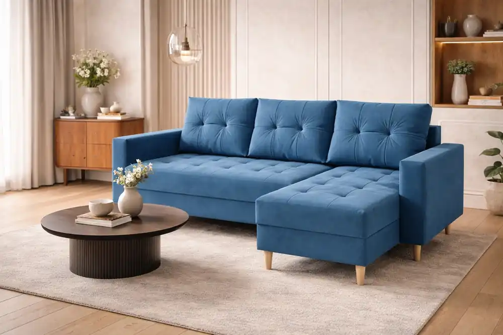 Ecksofa mit Schlaffunktion Vaso blau universal bequemes Ecksofa für Wohnzimmer im skandinavischen Stil großes Bettzeugfach Sofort Bestellen