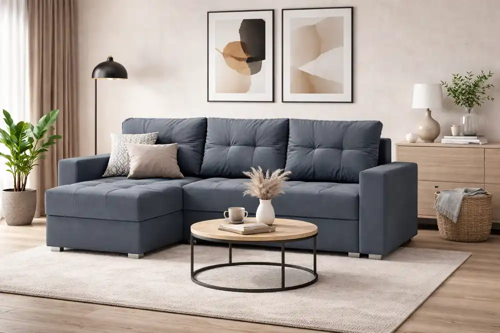 Ecksofa mit Schlaffunktion Pablos dunkelgrau Universal-Ecksofa mit Bettzeugstauraum dekorative Steppung auf der Sitzfläche Sonderaktion
