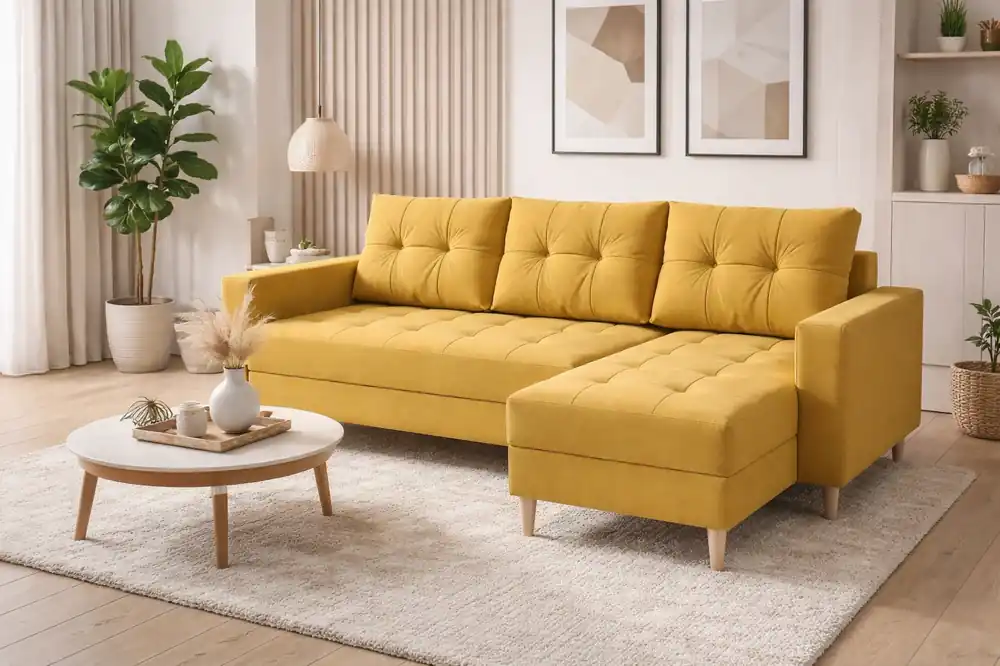 Ecksofa mit Schlaffunktion Vaso senfgelb Universal-Ecksofa für Wohnzimmer im skandinavischen Stil großes Bettzeugfach Preisreduziert