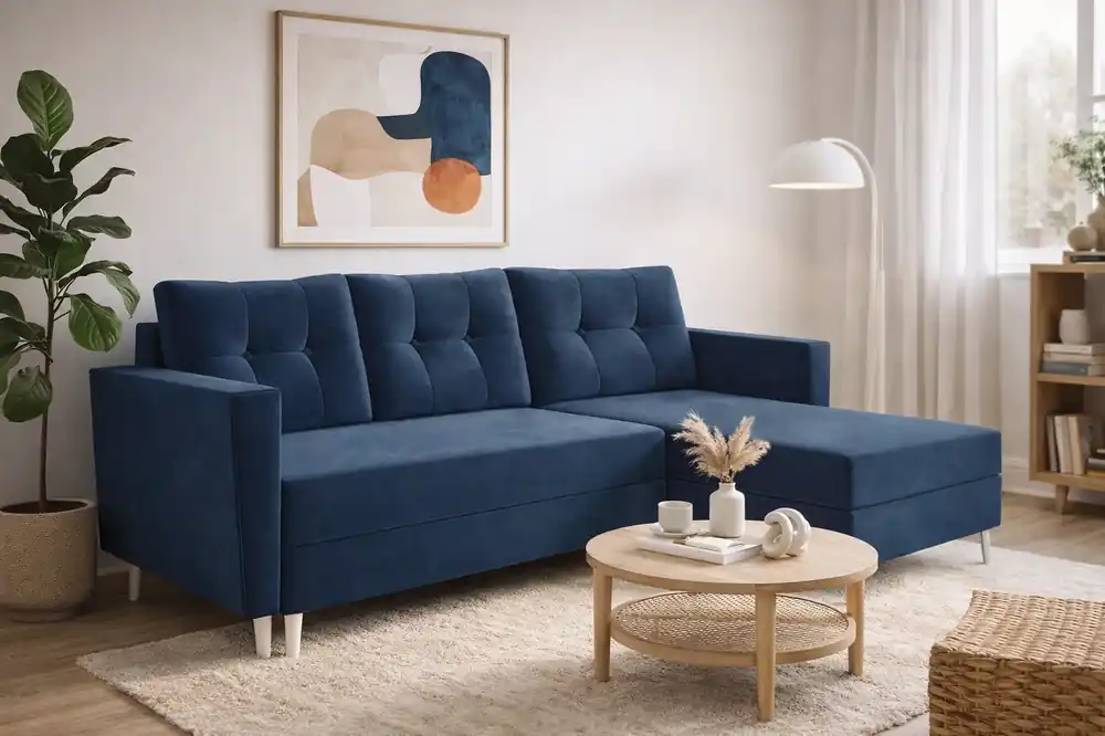 Ecksofa mit Schlaffunktion Telsze blau universal elegantes Ecksofa in skandinavischer Form großes Bettzeugfach Neue Kollektion