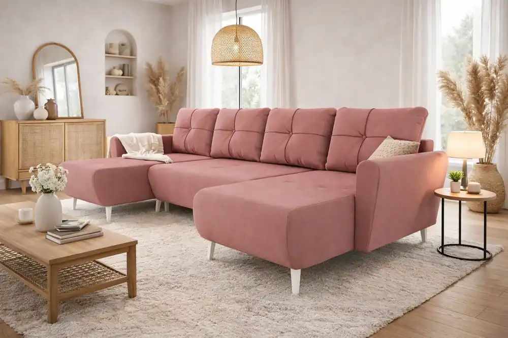 Ecksofa mit Schlaffunktion Felicie U Lachsfarbe stilvolles und elegantes Ecksofa das zu den skandinavischen Stilrichtungen passt Saisonangebot