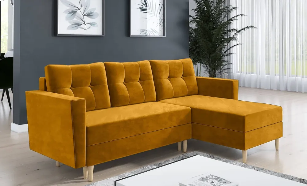 Ecksofa mit Schlaffunktion Telsze senfgelb universal elegantes Ecksofa in skandinavischer Form großes Bettzeugfach Ausverkauf