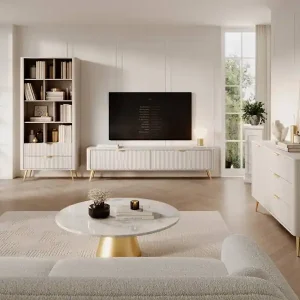 Lante Möbelset beige Design-Riffelung auf Möbelfronten Metallkantengriffe und hohe schräge Beine Must-Have