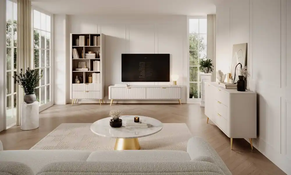 Lante Möbelset beige Design-Riffelung auf Möbelfronten Metallkantengriffe und hohe schräge Beine Must-Have