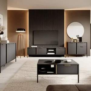 Golden Möbelset anthrazit modernes Design Schrankwand für Wohnzimmer oder Sitzungssaal Goldkante Griff Abverkauf
