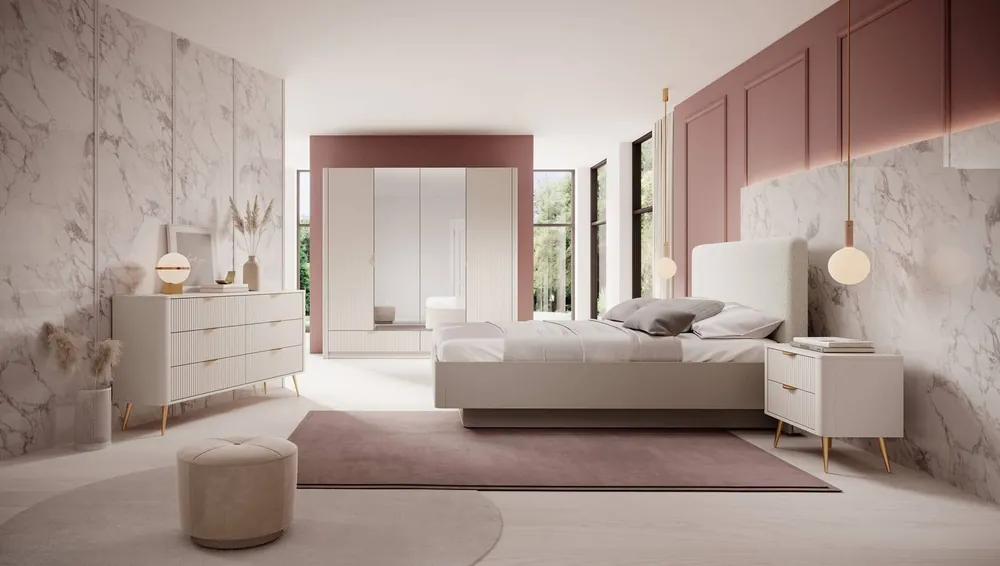 Super-Preis Schlafzimmermöbel-Set Lante beige Stilmöbel mit modernem Design geriffelte Fronten originelle geschwungene Form der Möbelstücke