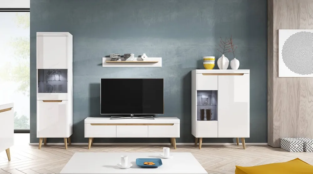 Super-Preis Möbelset Atka weiß / weiß glänzend / Eiche riviera modernes Design Kante mit Spezialfurnier verkleidet Sicherheitsglas gehärtet