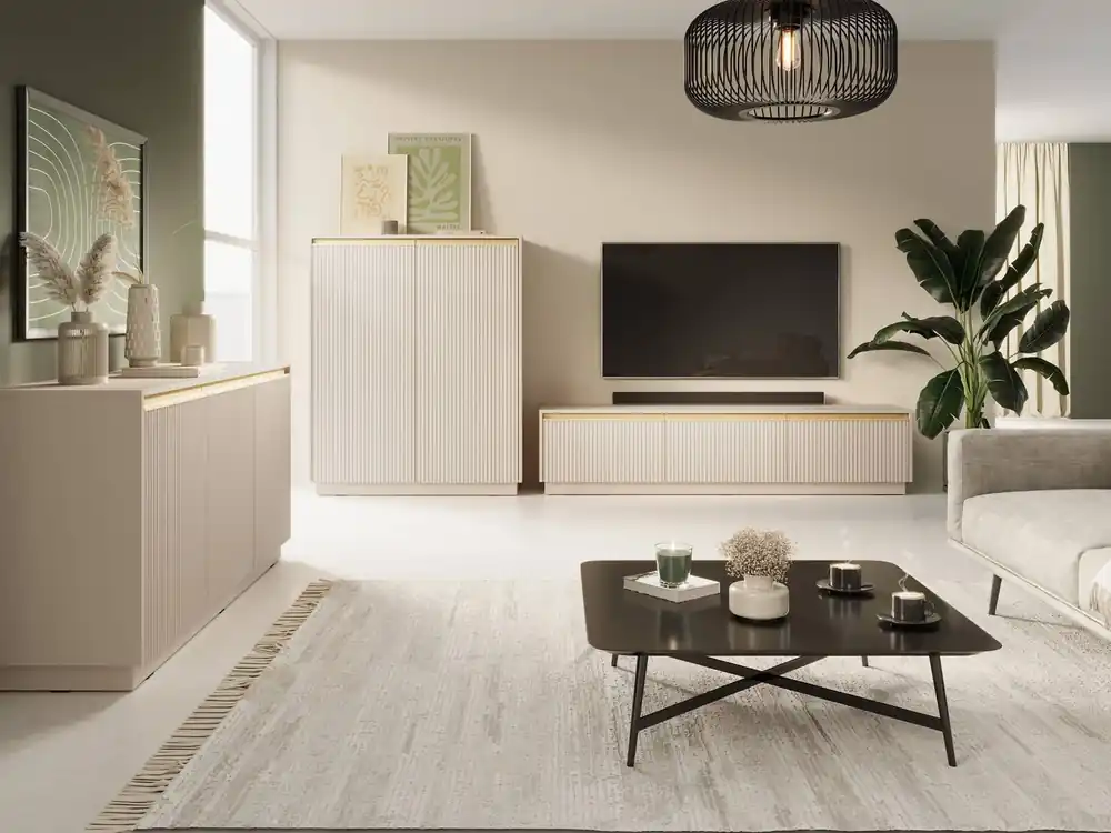 Imperial Möbelset beige Stilvolle Schrankwand mit gefrästen Fronten und eleganten Griffen in gebürstetem Gold Super-Preis