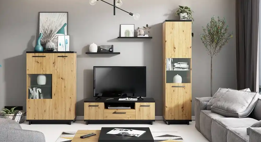 Möbelwand Simi Eiche artisan/schwarz klassische Möbelform aus hochwertiger Schichtstoffplatte ideale Schrankwand für das Wohnzimmer Highlight