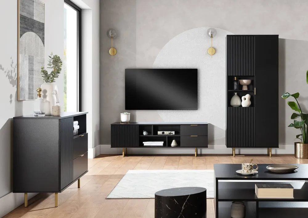 Sonderangebot Sula schwarz Wohnzimmer Möbel-Set mit Metallgriffen dekorative geriffelte Fronten Push-to-Open-System bereichert