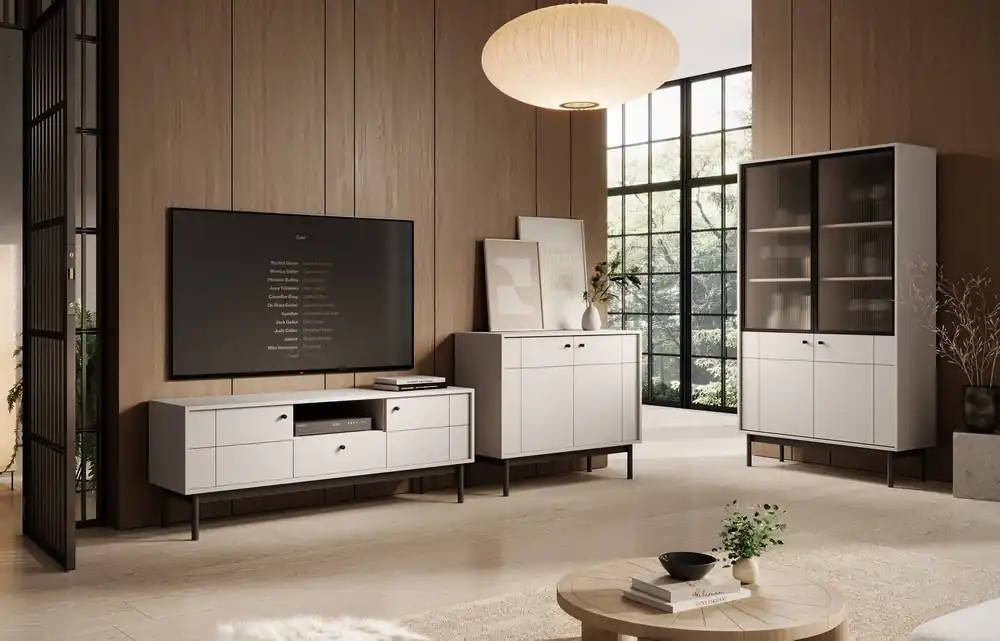 Mega-Angebot Modesta Möbelset beige minimalistisches Design mit dezenten Farben geriffeltes gehärtetes Glas hohe Holzbeine hervorgehoben