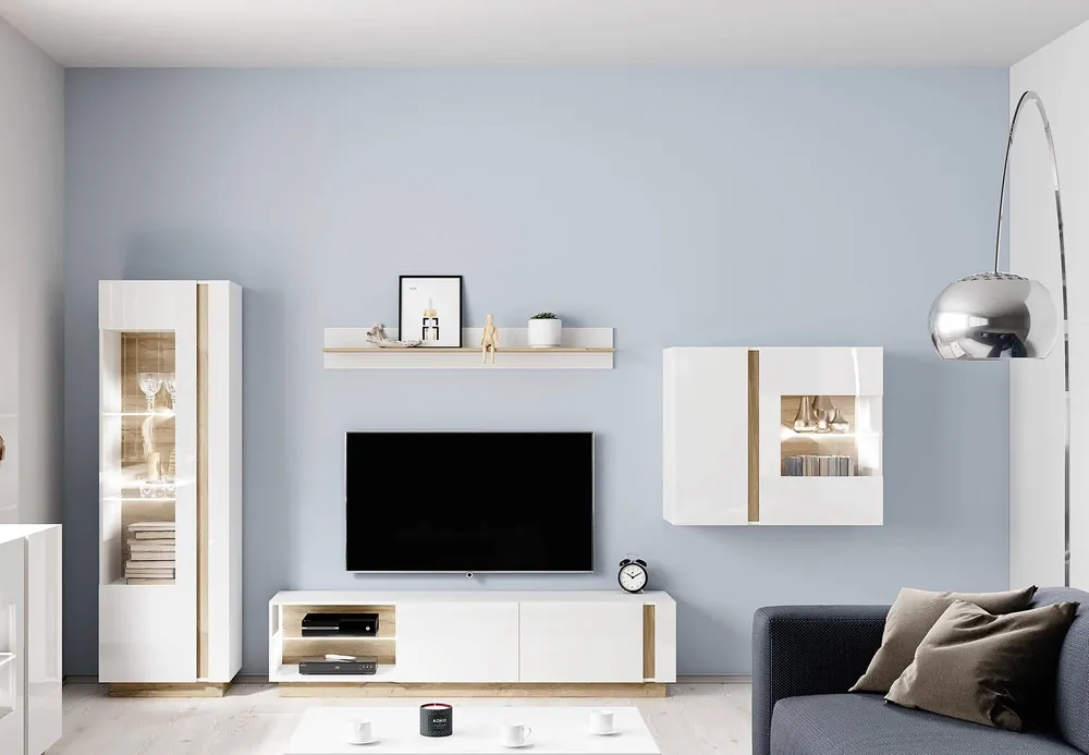 Sonderaktion Möbelwand Adria II weiß glänzend / Eiche grandson modernes Design passt perfekt in jede Einrichtung