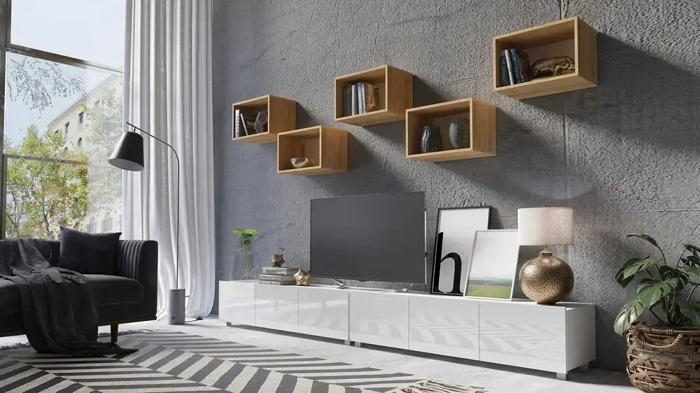 Bestseller Möbel Apulia XXXII weiß glänzend / goldene Eiche ein außergewöhnlich stilvolles Wandelement einfache Elemente, die in jedes Interieur passen