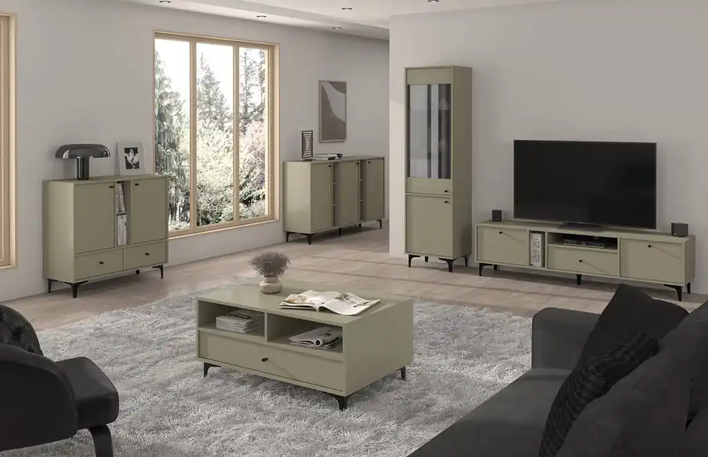 Wohnzimmermöbel-Set Kioto I Eukalyptus stilvolles Design elegante Möbel in gedeckten Farben mit schwarzen Accessoires angereichert Bestpreis