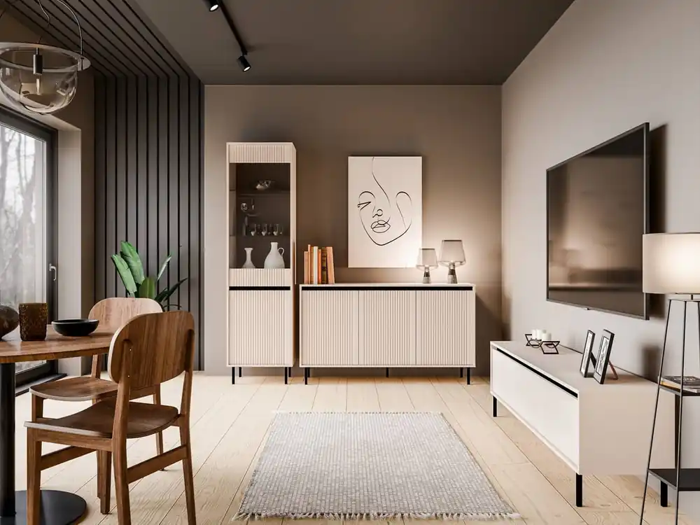 Osaka Möbel beige/schwarz modernes Design unterstrichen durch modische Farben hohe Metallbeine schwarz geschmackvolle geriffelte Front Echt