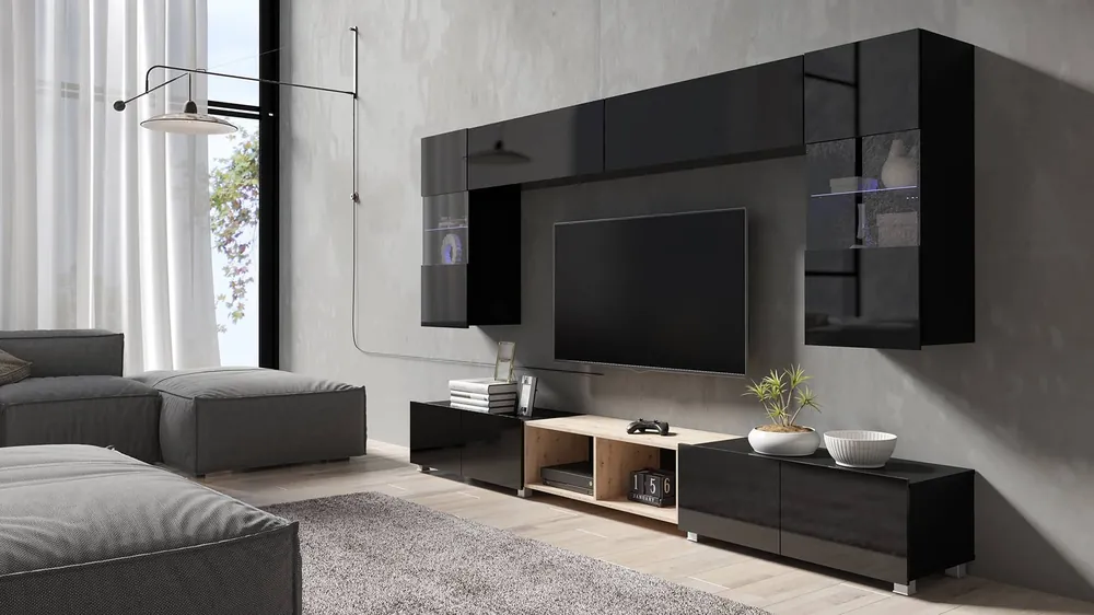 Möbelwand Apulia XXIV schwarz glänzend / Eiche handwerklich extrem stilvolle Möbelwand einfache Elemente, die in jedes Interieur passen Garantierte Lieferung