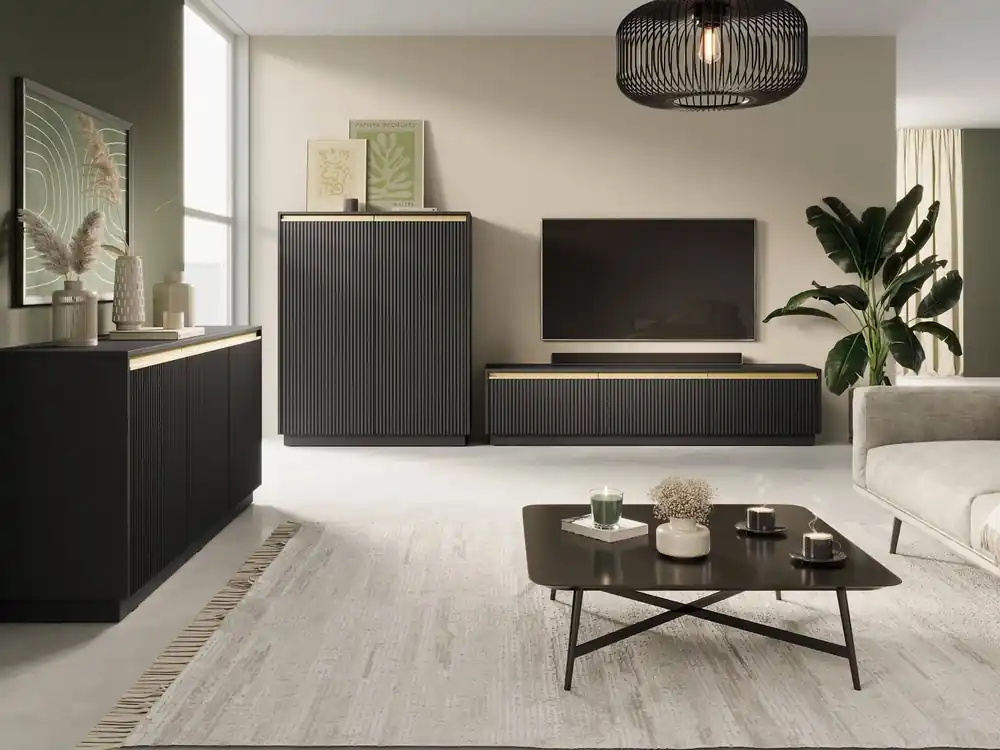 Angebot Imperial schwarzes Möbelset stilvolle Schrankwand mit gefrästen Fronten und eleganten Griffen in gebürstetem Gold