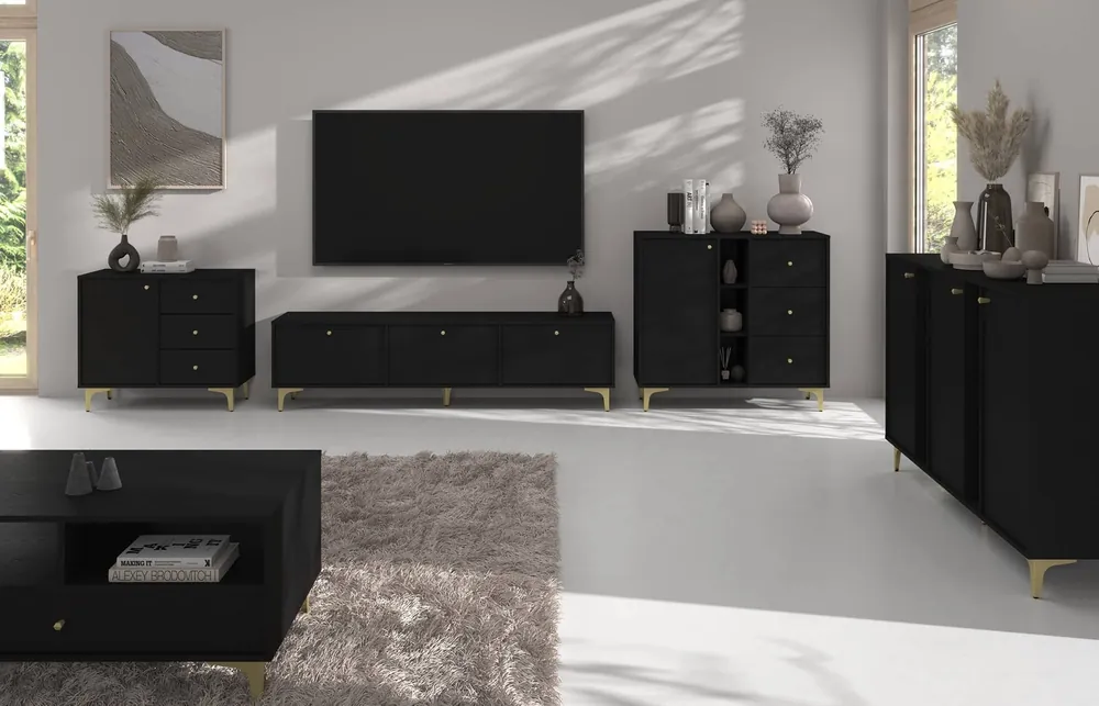 Wohnzimmer-Möbel-Set Kioto I schwarz Graphit stilvolles Design elegante Möbel auf einem Metall goldenen Basis subtilen Griffe unterstützt Top-Seller