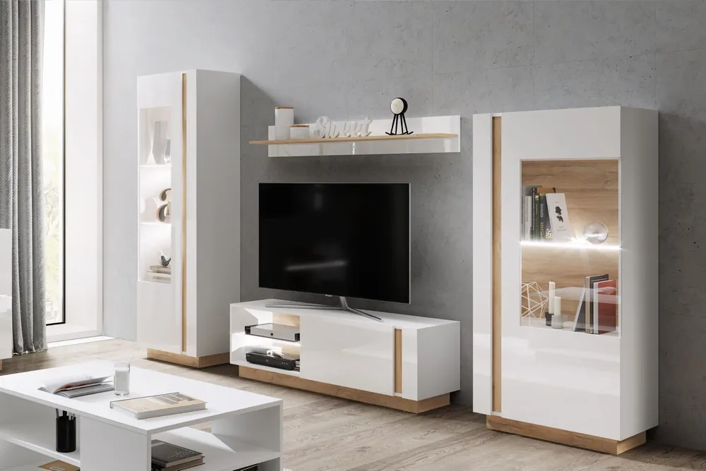 Kracherpreis Wohnwand Adria weiß glänzend / Eiche grandson modernes Design passt perfekt in jede Einrichtung