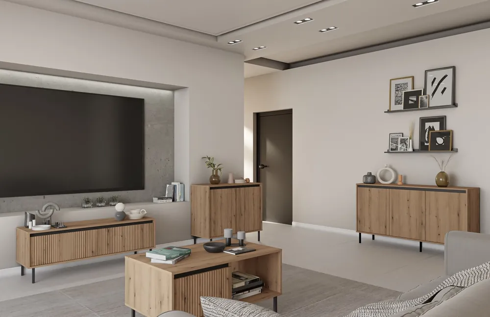 Osaka Möbelset Eiche evoke / schwarz minimalistisches Design akzentuiert durch trendige Farben hohe Metallbeine schwarz geschmackvolle geriffelte Front Top-Seller