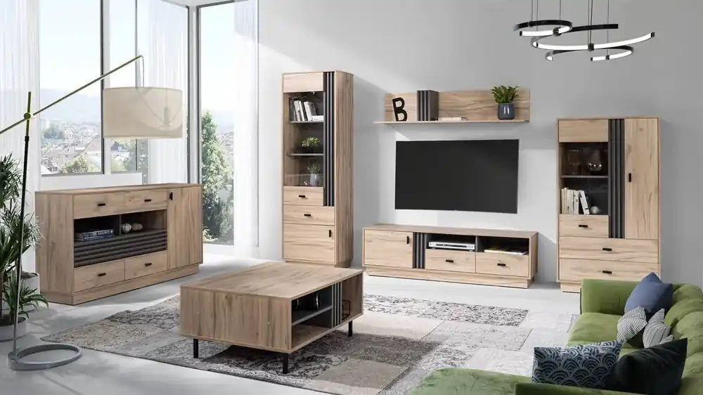 Sonderangebot Möbelset Estan Eiche estana helle / anthrazit innovative Möbel für Wohnzimmer und Wohnräume im modernen Stil