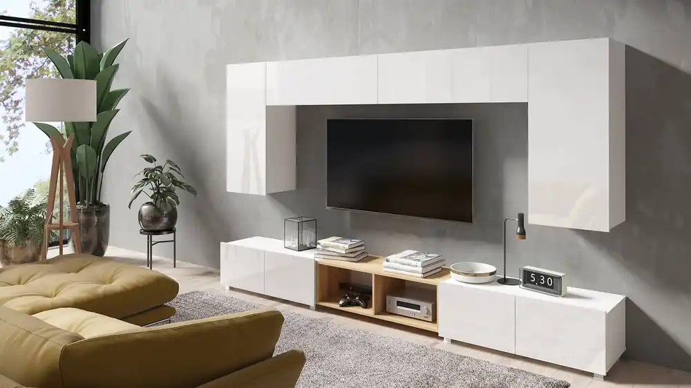 Super-Preis Möbel Apulia XXIII weiß glänzend / goldene Eiche ein außergewöhnlich stilvolles Wandelement einfache Elemente, die in jedes Interieur passen