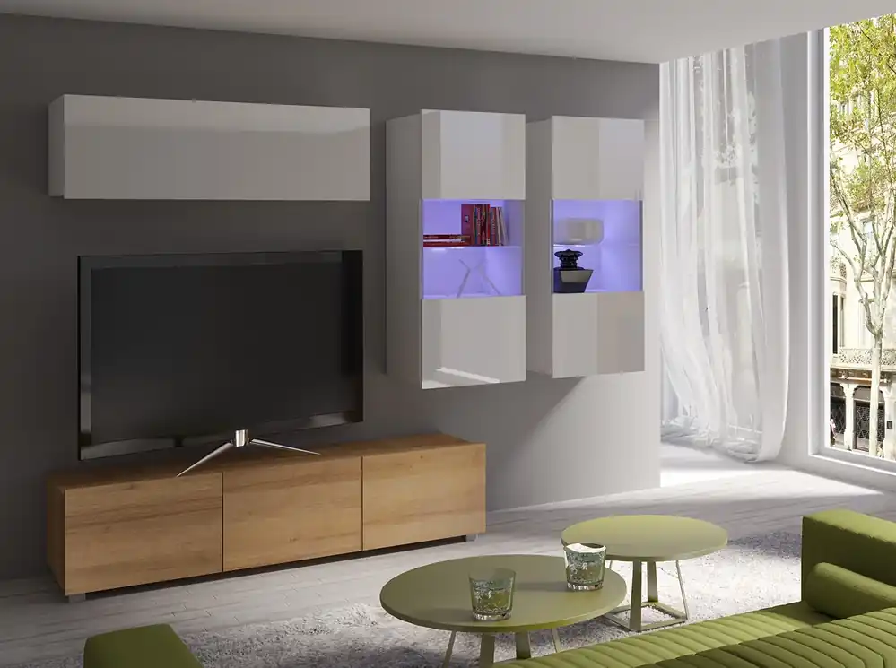 Garantierte Lieferung Möbel Apulia VI weiß glänzend / goldene Eiche ein außergewöhnlich stilvolles Wandelement einfache Elemente, die in jedes Interieur passen