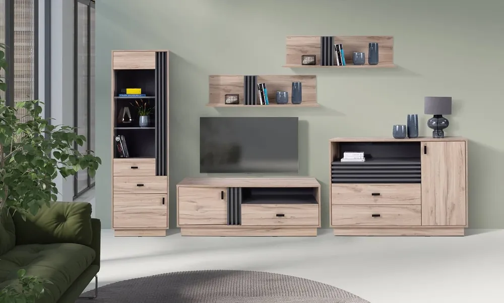 Wohnwand Estan Eiche estana hell / anthrazit innovative Wohn- und Loungemöbel im modernen Stil Rabatt