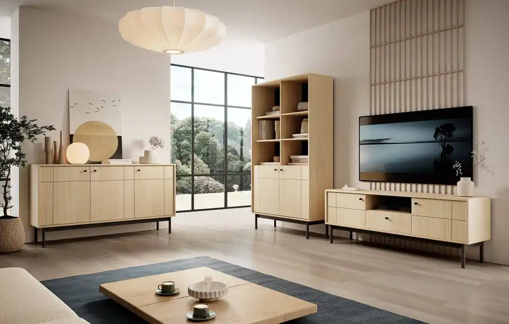 Sonderangebot Modesta Eiche linea Möbel Set minimalistisches Design akzentuiert durch trendige Farben hohe Holzbeine Metallgriffe