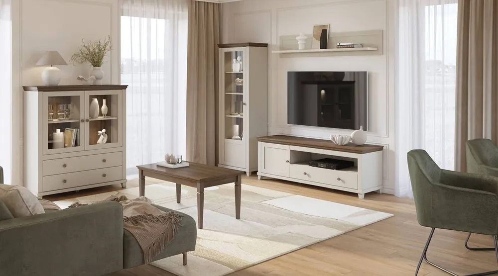 Möbelset für das Wohnzimmer Evora beige / Eiche dunin begeistert Liebhaber ausdrucksstarker Interieurs durch sein attraktives Design und seine Funktionalität Preis Gesenkt