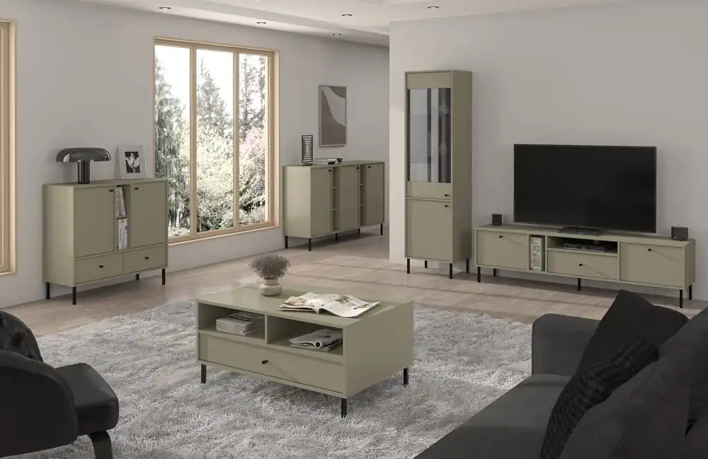 Wohnzimmermöbel-Set Kioto II Eukalyptus stilvolles Design elegante Möbel in gedeckten Farben mit schwarzen hohen Beinen bereichert Beliebt