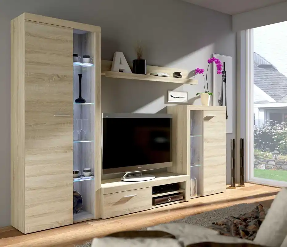 Aktuell Rene Schrankwand light sonoma oak innovatives Design modernes Design mit elegantem Charakter mit umfangreicher Funktionalität