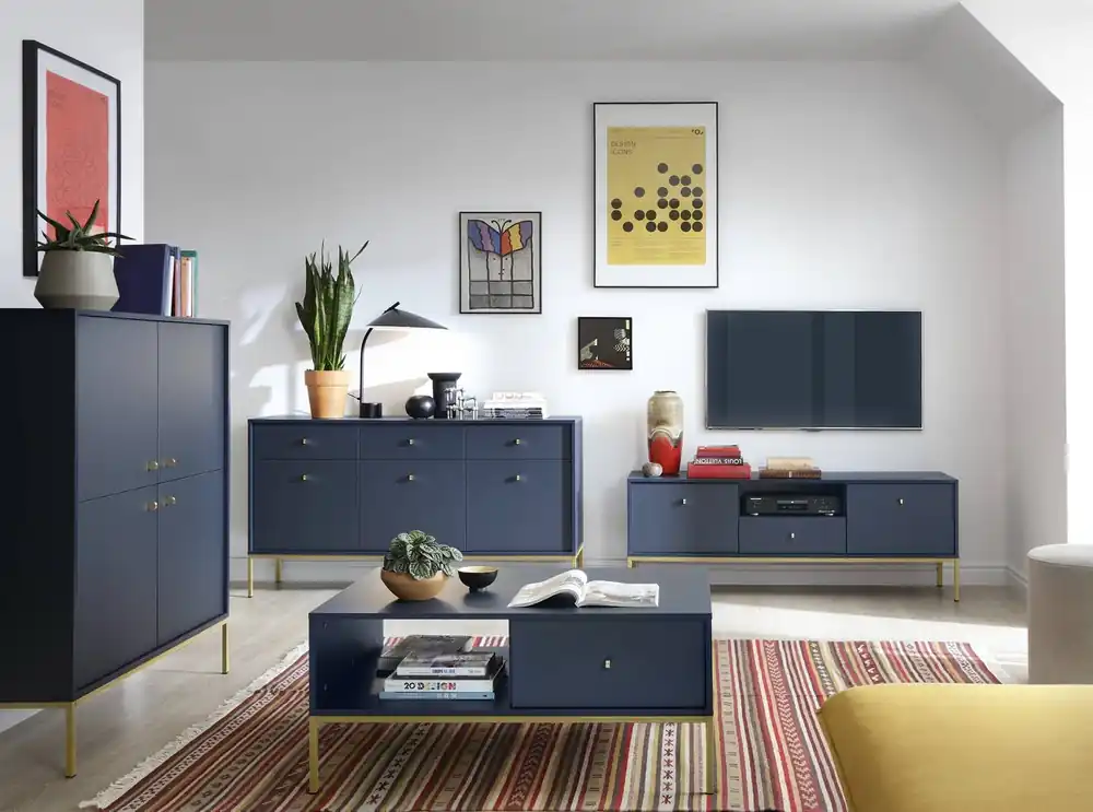Möbelset Mono Dunkelblau Minimalistisches Design Wohnzimmermöbelset oder für das Wohnzimmer goldene metallische Elemente Saisonangebot