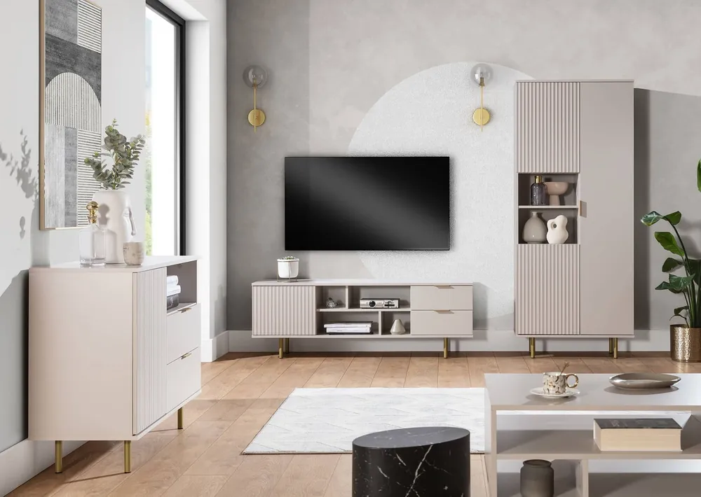 Super-Preis Wohnzimmer Möbel-Set Sula beige mit Metall Griffe dekorative geriffelte Fronten Push-to-Open-System bereichert