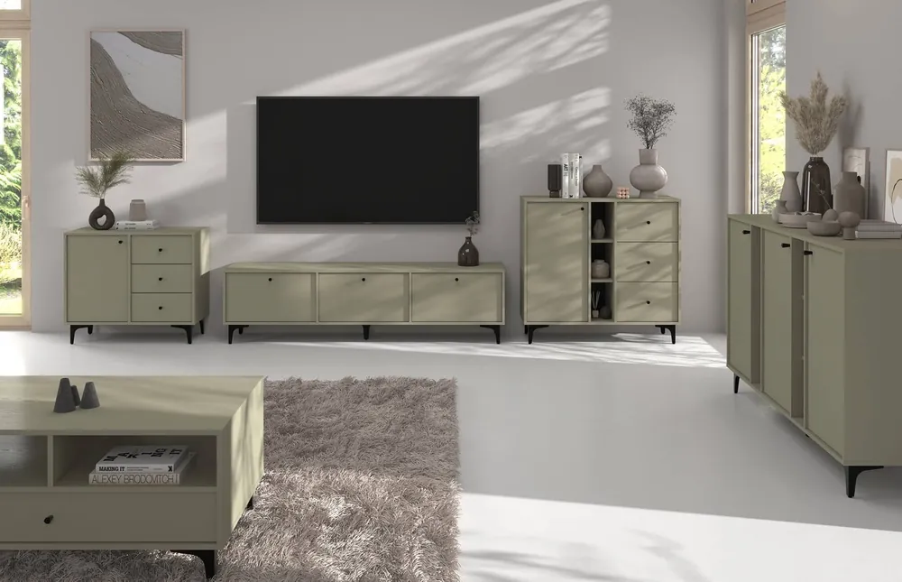 Wohnzimmer Möbel-Set Kyoto I Eukalyptus stilvolles Design elegante Möbel auf einem Metall schwarz Basis subtilen Griffe unterstützt Top-Seller