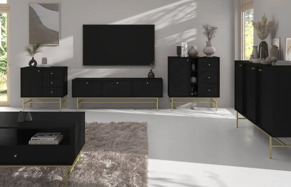 Sale Set von Wohnzimmermöbel Kioto III schwarz Graphit stilvolles Design elegante Möbel auf einem goldenen Metallrahmen unterstützt subtile Griffe